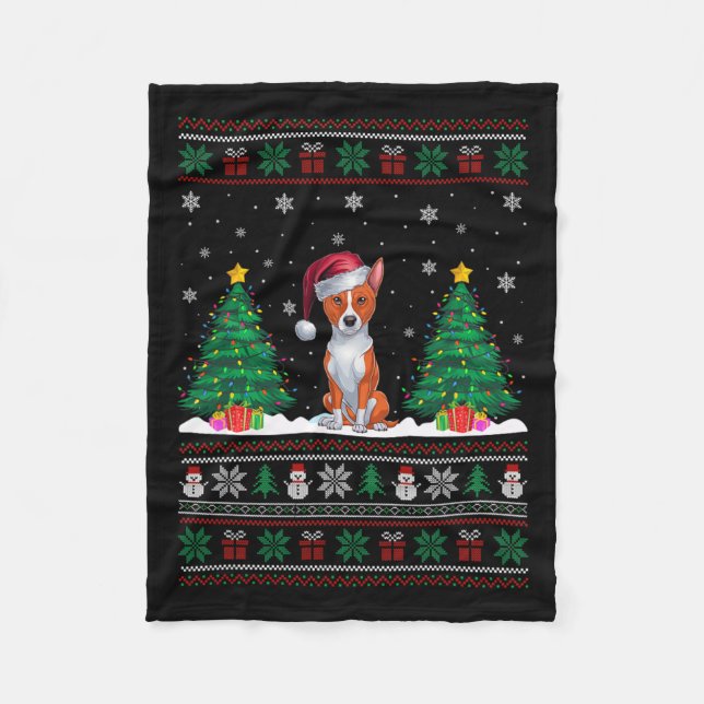 Santa Hat Basenji Hund Julgran Ljus Ugly S Fleecefilt (Framsidan)