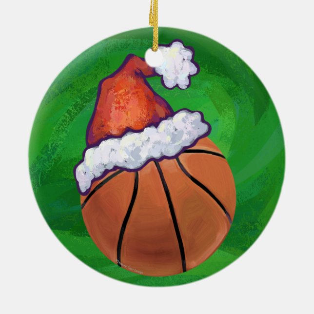 Santa Hat Basketball på Grönt Julgransprydnad Keramik (Baksidan)