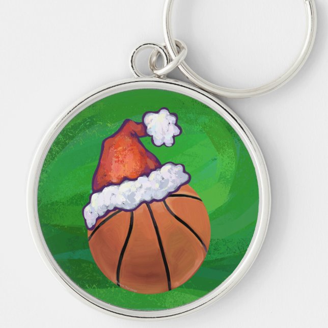 Santa Hat Basketball på Grönt Rund Silverfärgad Nyckelring (Framsidan)