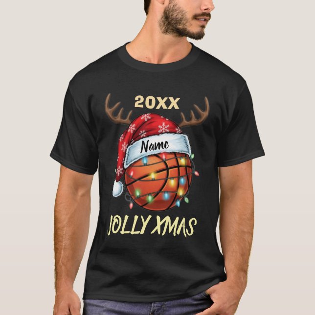  Santa Hat Basketball Reindeer Christmas Fun Sport T Shirt (Framsida)