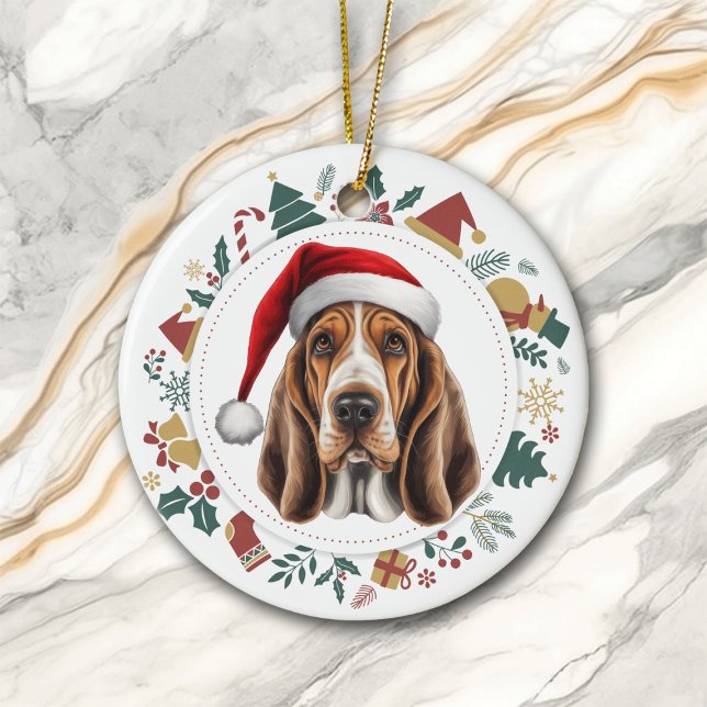 Santa Hat Basset Hound Hund jul-Bilder-andekrans Julgransprydnad Keramik (Skapare uppladdad)