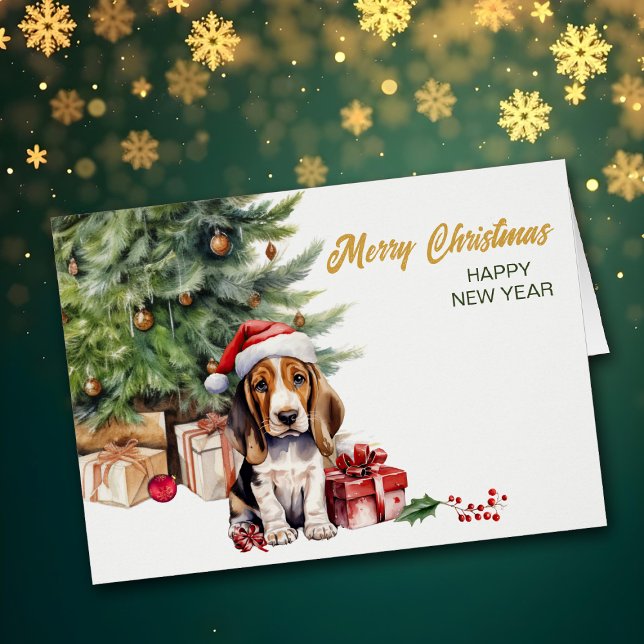 Santa Hat Basset Hound Puppy Hund jul Hälsningskort (Skapare uppladdad)