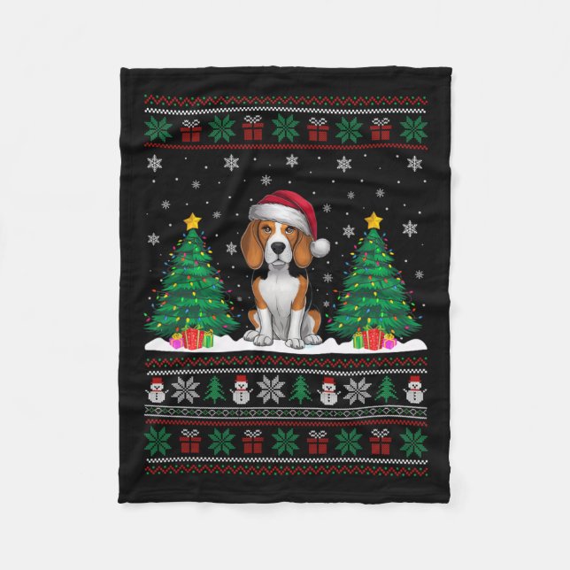 Santa Hat Beagle Hund Julgran Ljus Ugly Sw Fleecefilt (Framsidan)