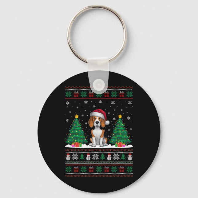 Santa Hat Beagle Hund Julgran Ljus Ugly Sw Nyckelring (Framsida)