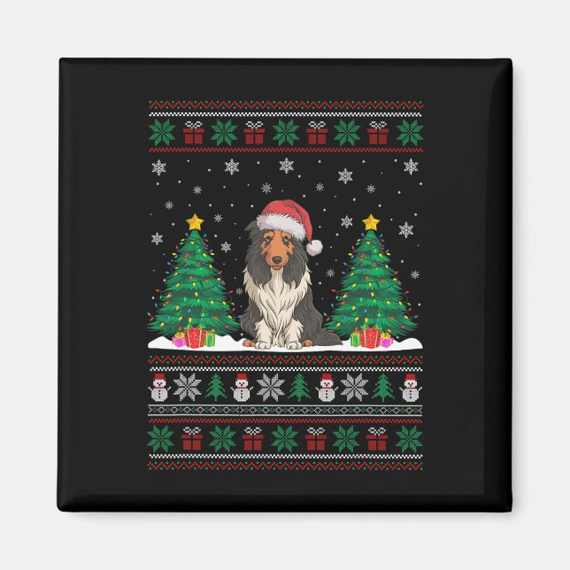 Santa Hat Bearded Collie Hund Julafton Träd Ljus U Magnet (Framsidan)