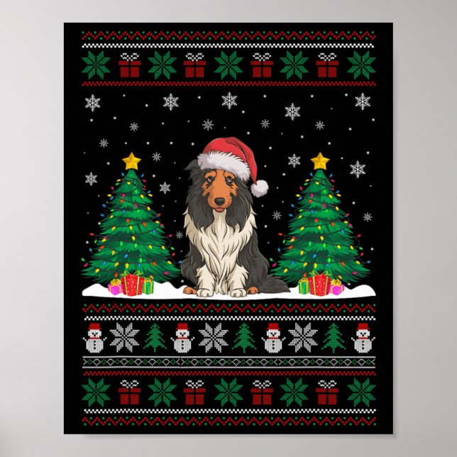 Santa Hat Bearded Collie Hund Julafton Träd Ljus U Poster (Framsidan)