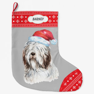 Santa Hat Bearded Collie Snowflake Gräns Stor Julstrumpa