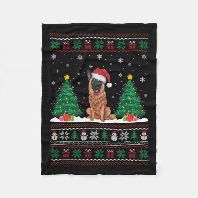 Santa Hat belgisk Malinois Hund Julafton Träd Ljus Fleecefilt (Framsidan)