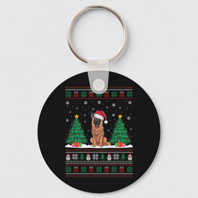 Santa Hat belgisk Malinois Hund Julafton Träd Ljus Nyckelring (Framsida)