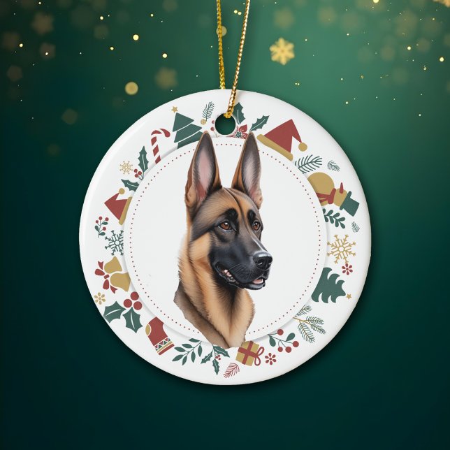 Santa Hat belgisk Malinois Hund-julfransen Julgransprydnad Keramik (Skapare uppladdad)