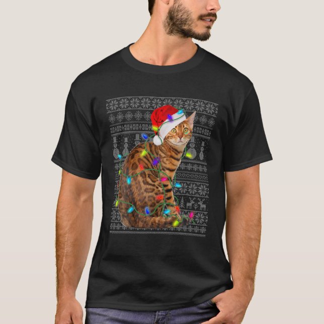 Santa Hat Bengal Cat Julafton Lighting Ugly Bengal T Shirt (Framsida)