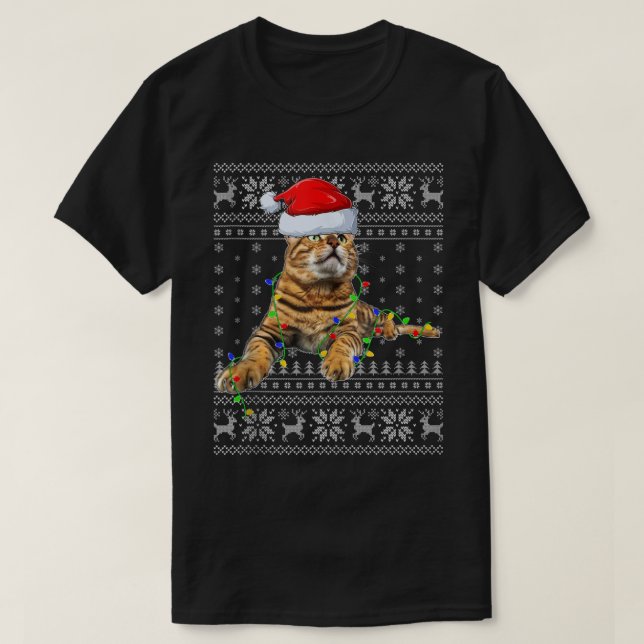 Santa Hat Bengal Cat Xmas Lighting Ugly Bengal Cat T Shirt (Design framsida)