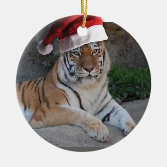Santa Hat Bengal Tiger Julgransprydnad Keramik (Framsidan)