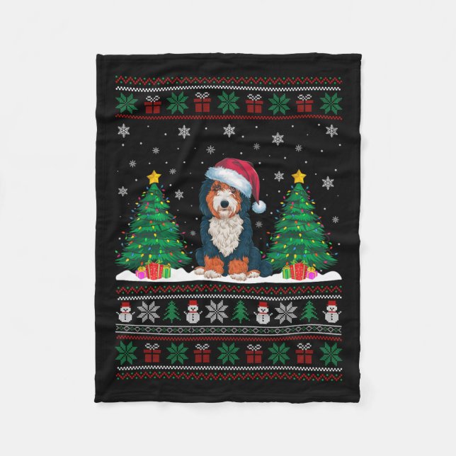 Santa Hat Bernedoodle Hund Julgran Ljus Ug Fleecefilt (Framsidan)