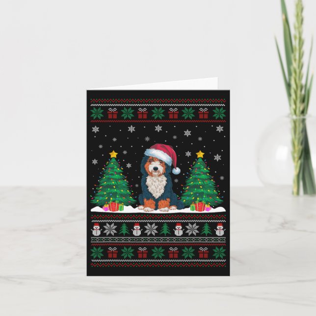 Santa Hat Bernedoodle Hund Julgran Ljus Ug Kort (Framsida)