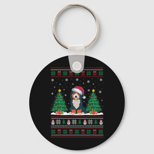 Santa Hat Bernedoodle Hund Julgran Ljus Ug Nyckelring (Framsida)