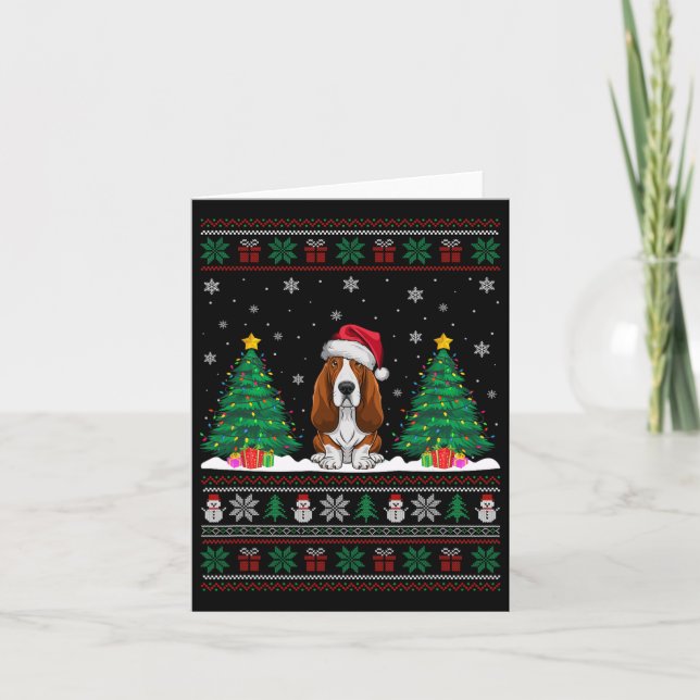 Santa Hat Bet Hound Hund Julafton Träd Ljus Ugly S Kort (Framsida)