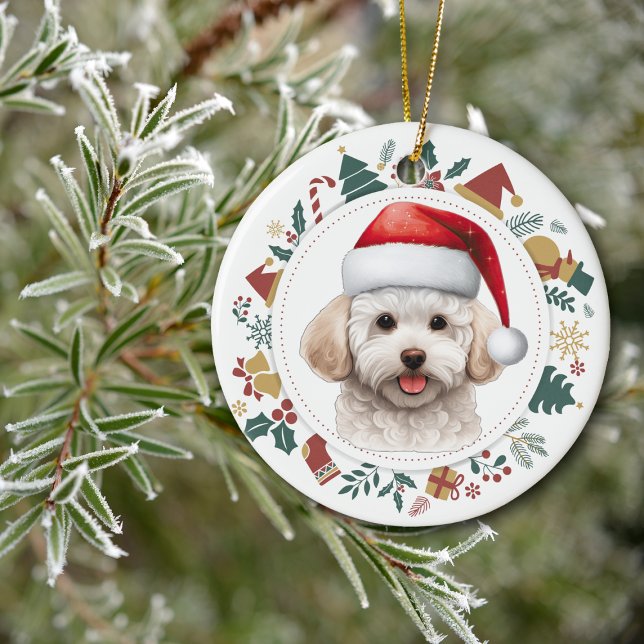 Santa Hat Bichon Frise Hund jul-Bilder-andekrans Julgransprydnad Keramik (Skapare uppladdad)