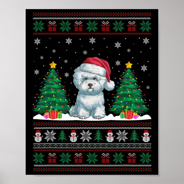 Santa Hat Bichon Frise Hund Julafton Träd Ljus ugl Poster (Framsidan)