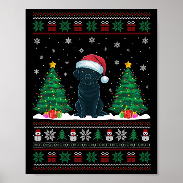 Santa Hat Black Labrador Hund Julafton Träd Ljus U Poster (Framsidan)