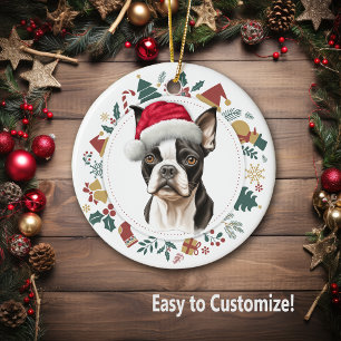 Santa Hat Boston Terrier-Hund jul-andedräkt Julgransprydnad Keramik