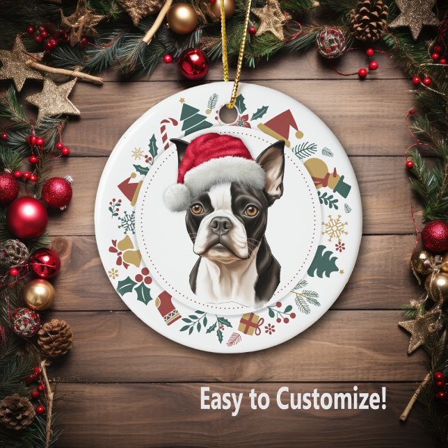 Santa Hat Boston Terrier-Hund jul-andedräkt Julgransprydnad Keramik (Skapare uppladdad)