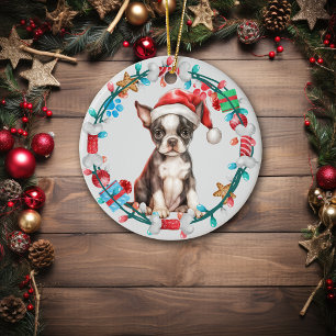 Santa Hat Boston Terrier Puppy Bone-andedräkt Julgransprydnad Keramik
