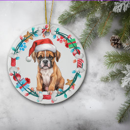 Santa Hat Boxer Puppy Bone-andedräkt Julgransprydnad Keramik