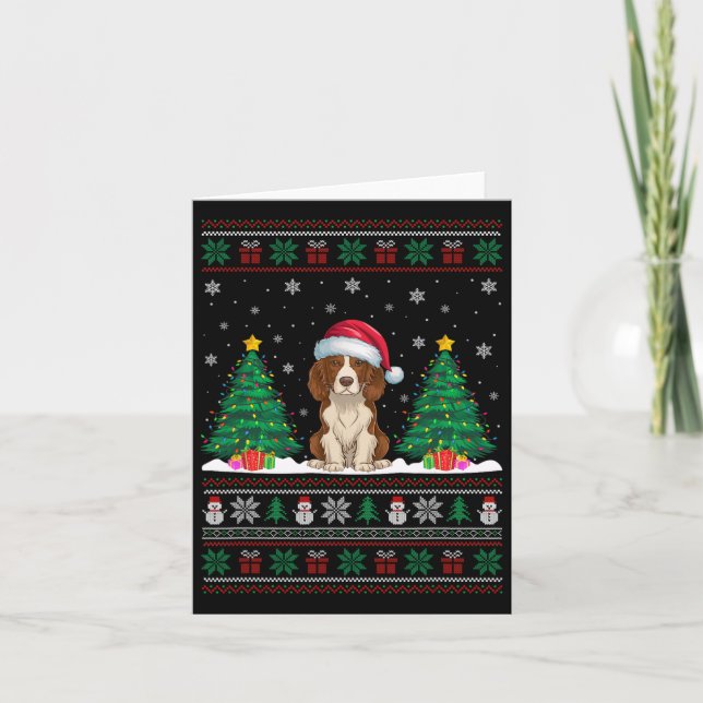 Santa Hat Brittany Spain Hund Julafton Träd Ljus U Kort (Framsida)