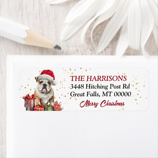 Santa Hat Bulldog jul Returadress Etikett (Insitu)