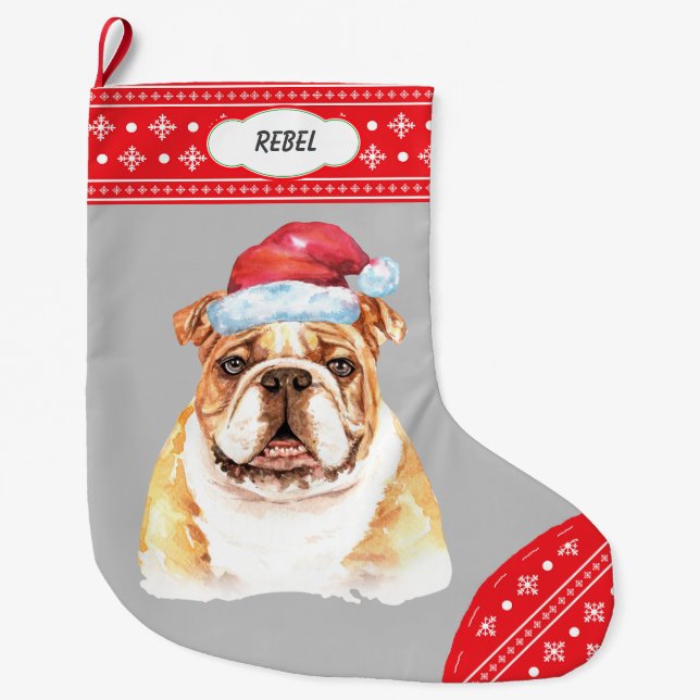 Santa Hat Bulldog Snowflake Gräns Stor Julstrumpa (Framsidan)