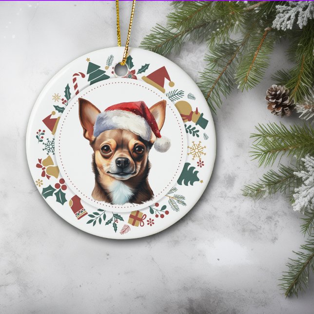 Santa Hat Chihuahua Hund God Jul Julgransprydnad Keramik (Skapare uppladdad)