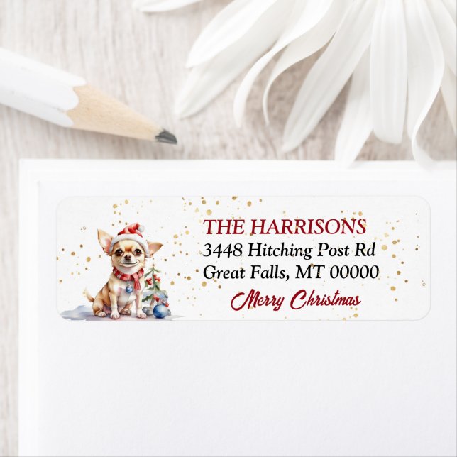 Santa Hat Chihuahua, Hund jul Returadress Etikett (Insitu)