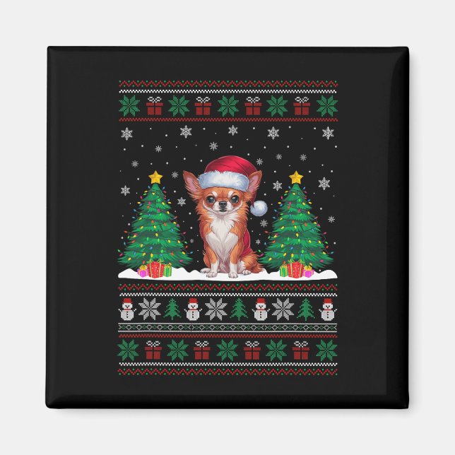 Santa Hat Chihuahua Hund Julgran Ljus Ugly Magnet (Framsidan)