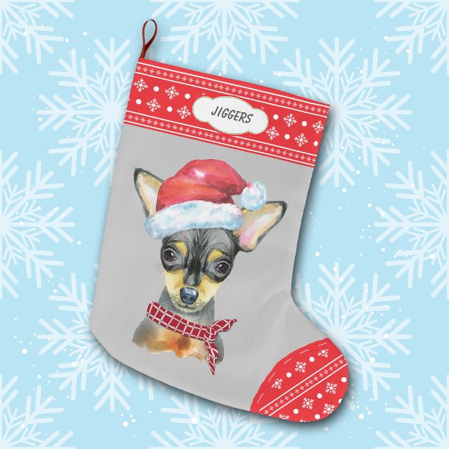 Santa Hat Chihuahua med snöflake Gräns Stor Julstrumpa (Skapare uppladdad)