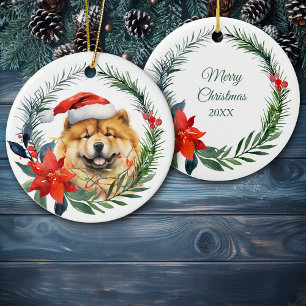 Santa Hat Chow Chow Hund Watercolor Poinsettia Julgransprydnad Keramik