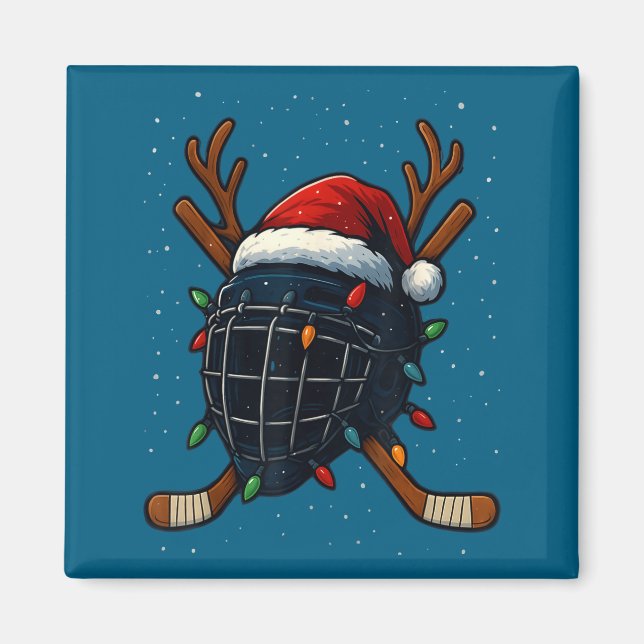 Santa Hat Christmas Ice Hockey Helmet Player Reind Magnet (Framsidan)