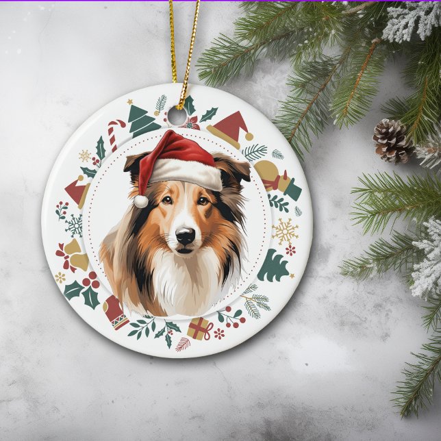 Santa Hat Collie Hund Helgdag Bilder Wand Julgransprydnad Keramik (Skapare uppladdad)