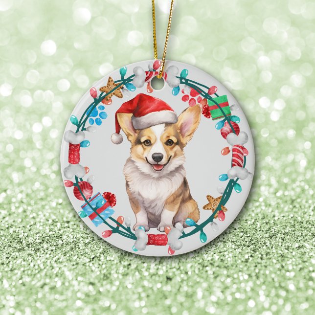 Santa Hat Corgi Puppy Bone-andedräkt Julgransprydnad Keramik (Skapare uppladdad)