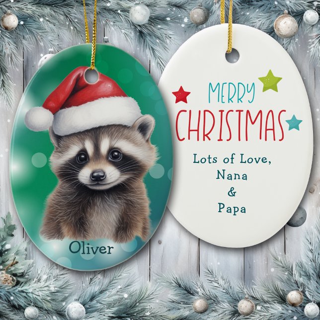 Santa Hat Cute Raccoon Kids Ceramic Ornament (Skapare uppladdad)