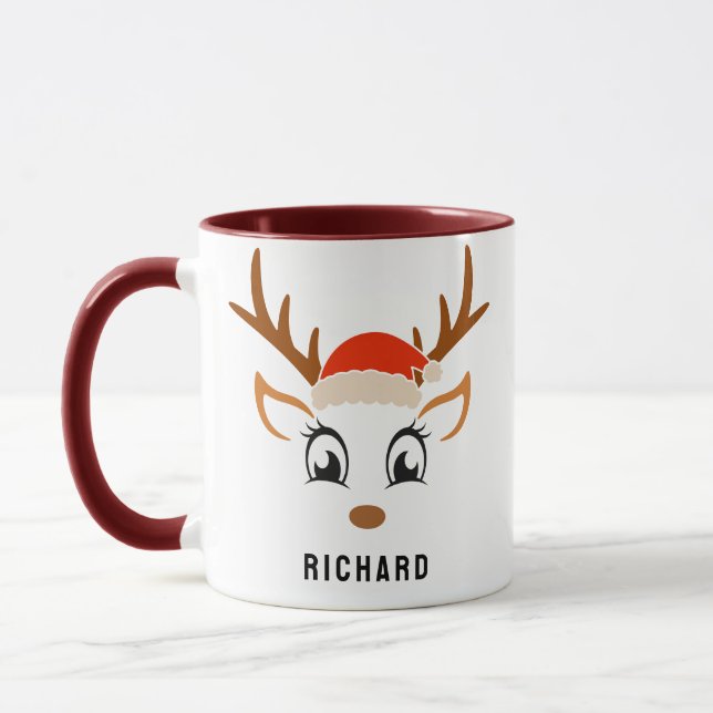 Santa Hat Cute Reindeer Boy Jul Maroon Mugg (Vänster)