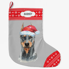 Santa Hat Doberman Snowflake Gräns Stor Julstrumpa
