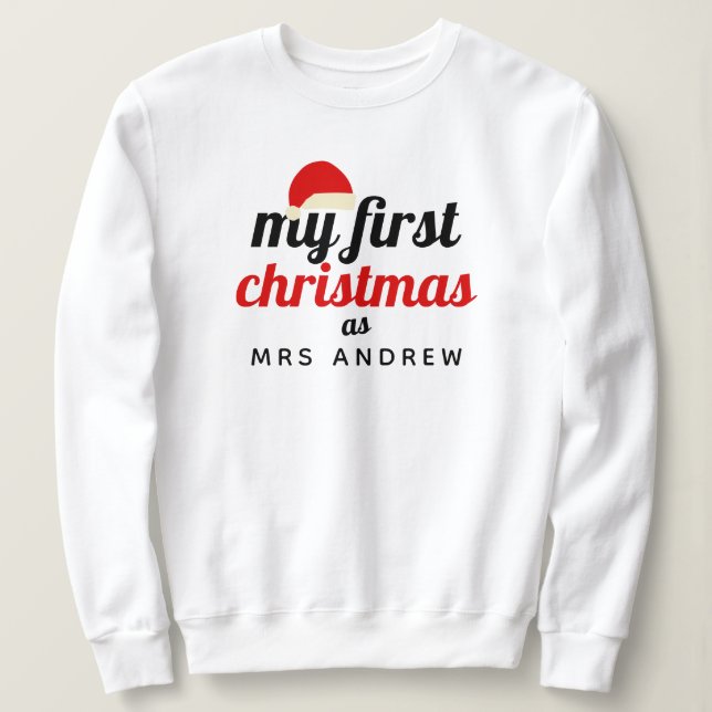 Santa Hat | Elegant First Christmas Mrs Name T Shirt (Design framsida)