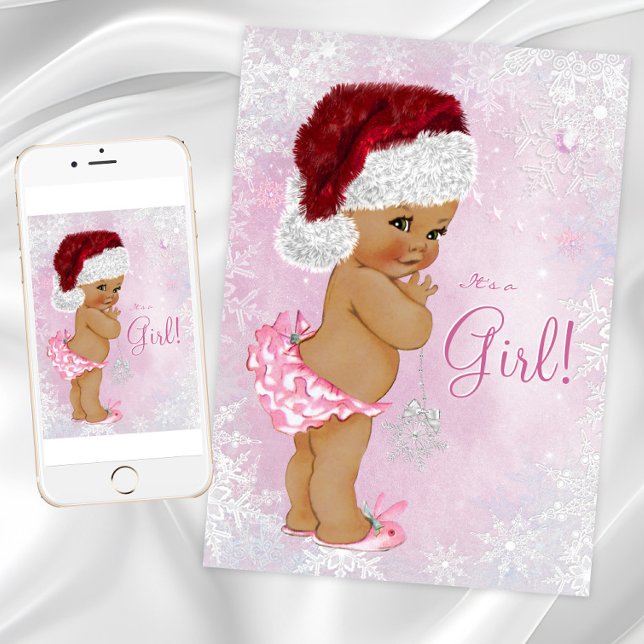 Santa Hat Flicka Winter Wonderland Baby Shower Inbjudningar (Girl Christmas baby shower invitation with cute baby girl wearing Santa hat with snowflake back.)