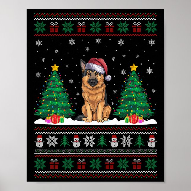 Santa Hat German Shepherd Hund Julafton Träd Ljus  Poster (Framsidan)