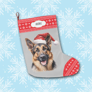 Santa Hat German Shepherd Hund Snowflake Gräns Stor Julstrumpa