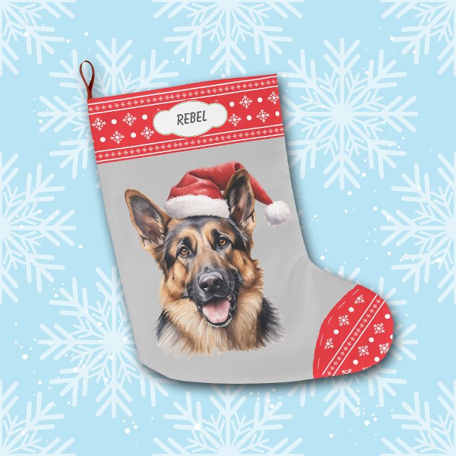 Santa Hat German Shepherd Hund Snowflake Gräns Stor Julstrumpa (Skapare uppladdad)