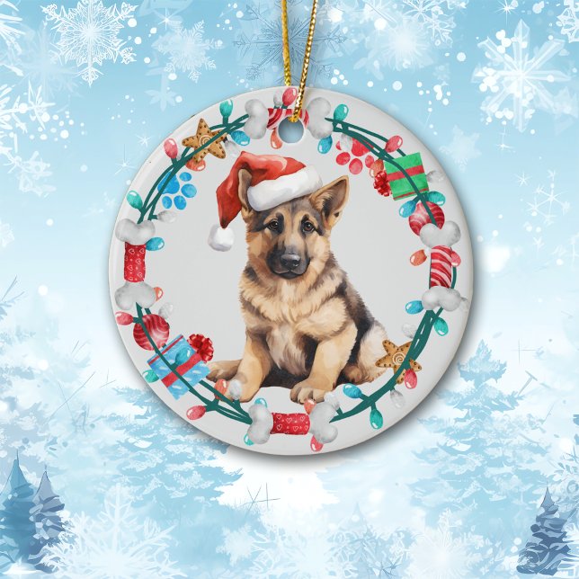 Santa Hat German Shepherd Puppy Bone Wandeans Julgransprydnad Keramik (Skapare uppladdad)