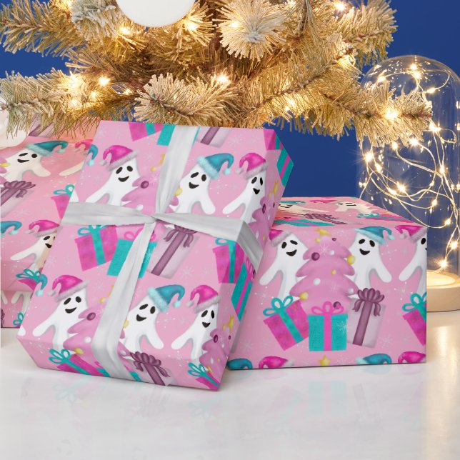 Santa Hat Ghosts with Christmas Tree & Presents Presentpapper (Helgdagar)