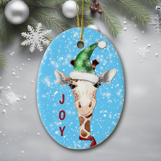 Santa Hat Giraffe Snowflake Background Kids Julgransprydnad Keramik (Skapare uppladdad)